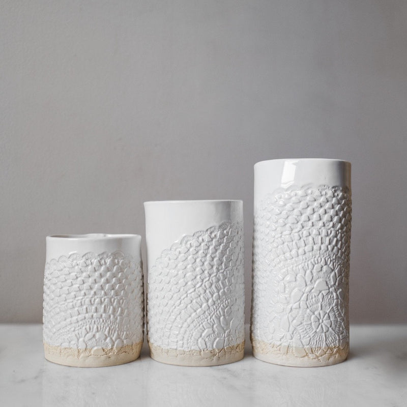 ceramic lace canister white handmade round