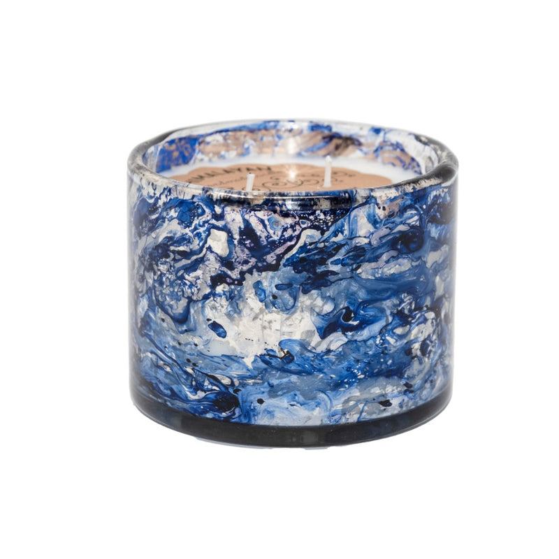 artisan glass blown candle tumbler blue round