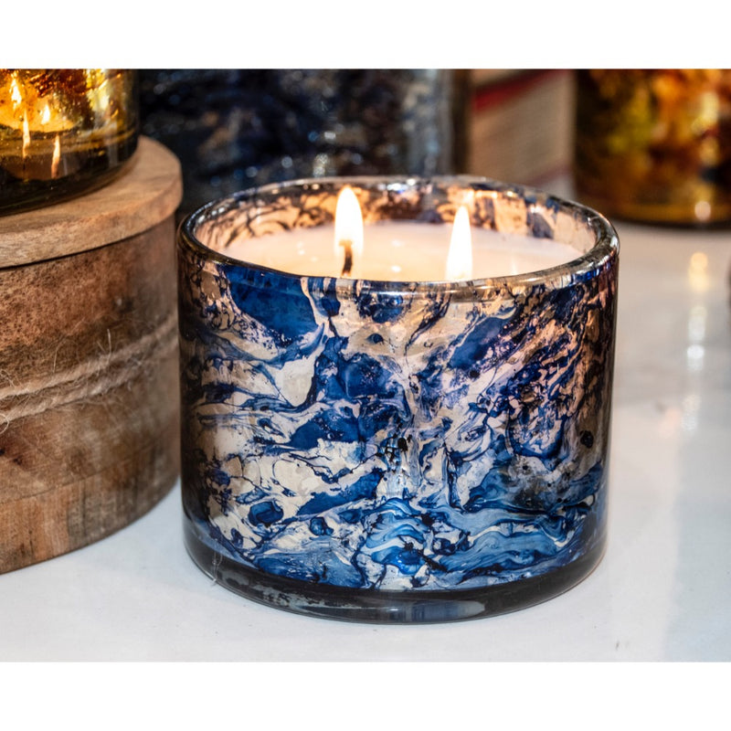 artisan glass blown candle tumbler blue round