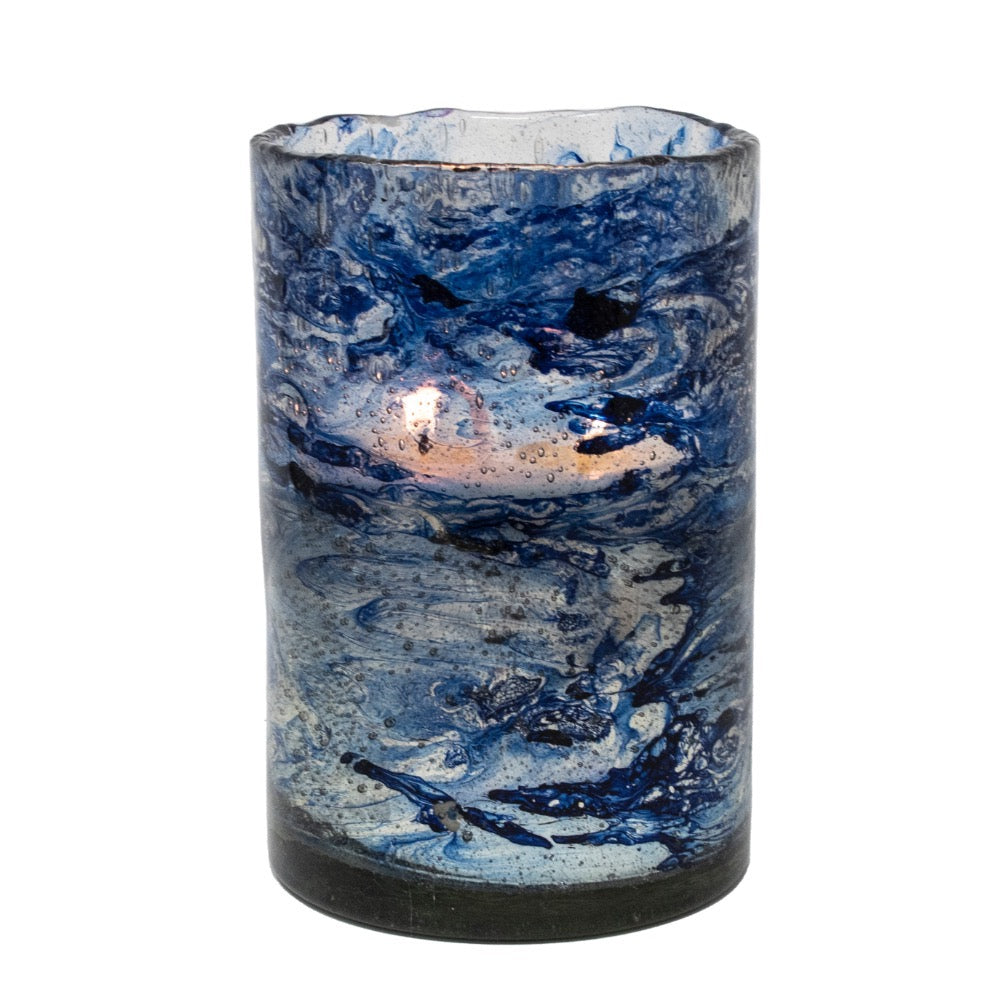 artisan glass blown hurricane candle blue round