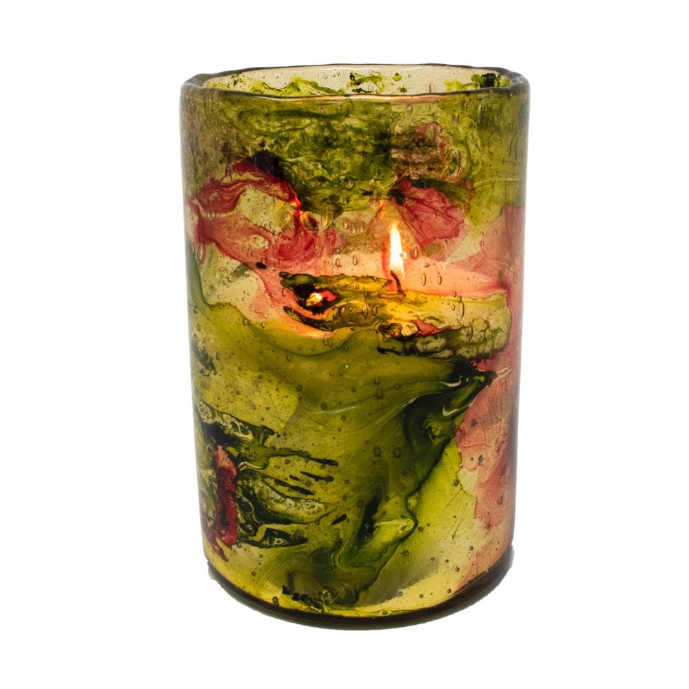 artisan glass blown hurricane candle red round