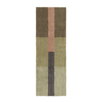 A rectangular area rug with a modern geometric block pattern in muted earthy tones, including olive green, brown, dusty pink, and charcoal gray, shown flat against a white background.
