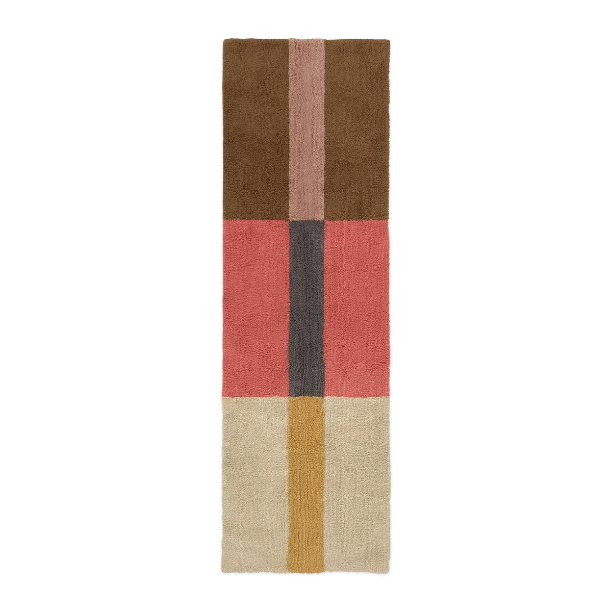 A rectangular area rug with a mid-century modern color-blocked pattern, featuring sections of brown, dusty pink, coral red, charcoal gray, cream, and mustard yellow on a white background.