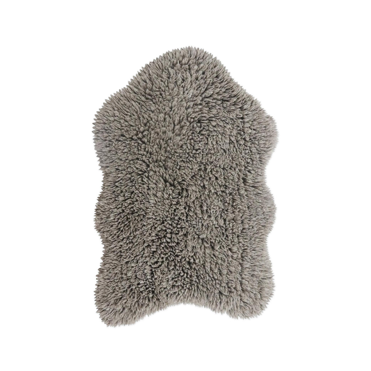 A gray shaggy sheepskin-style rug or throw with an irregular natural hide shape, shown against a plain white background.
