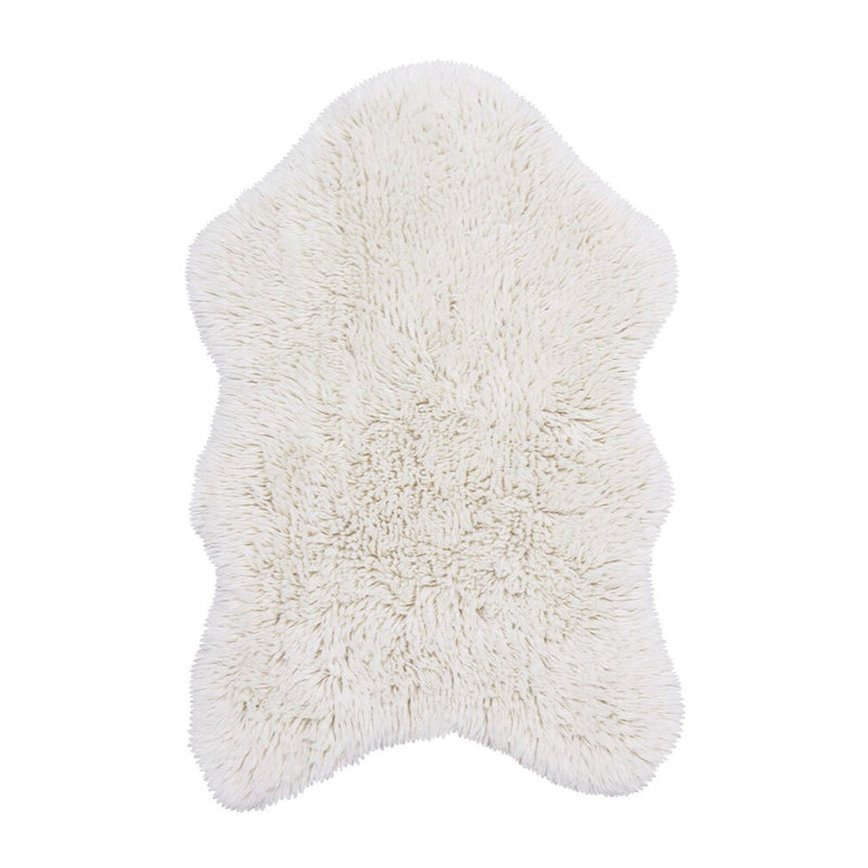 small fluffy white pelt rug wool recycled cotton rounded edges