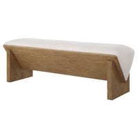 medium tone wood bench ivory sheepskin seat