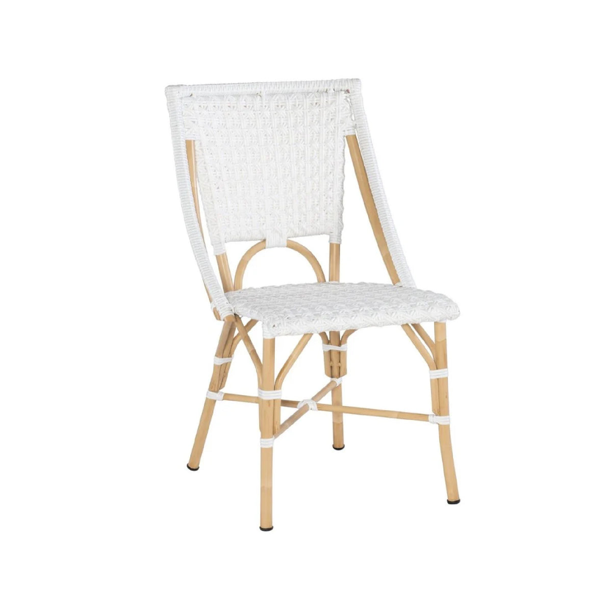 The Kenian White Rattan Indoor/Outdoor Bistro Chair features a curved backrest and light wood legs on a white background.