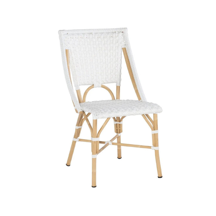 The Kenian White Rattan Indoor/Outdoor Bistro Chair features a curved backrest and light wood legs on a white background.