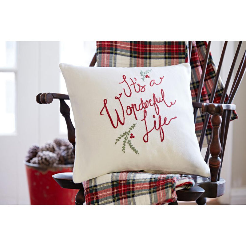 square cream linen pillow embroidered It's a Wonderful Life
