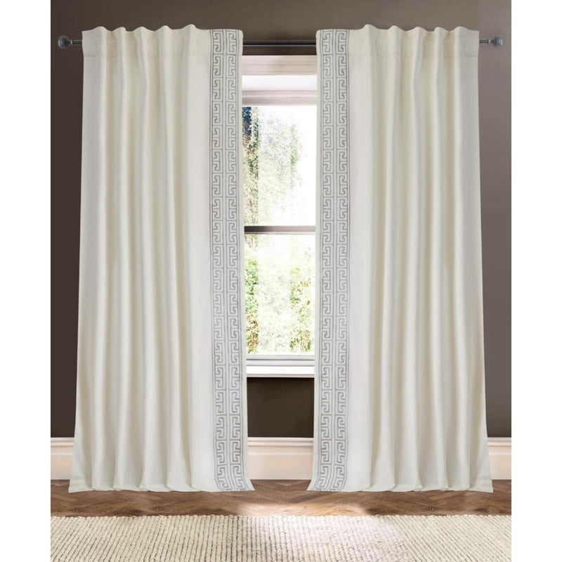 ivory linen blend curtain panels ivory and grey embroidered trim