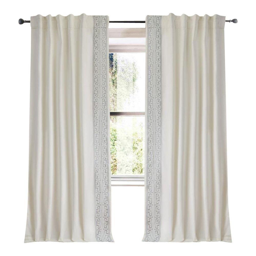 ivory linen blend curtain panels ivory and grey embroidered trim