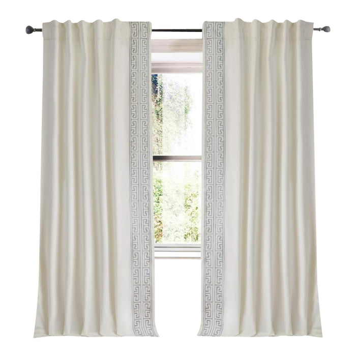 ivory linen blend curtain panels ivory and grey embroidered trim