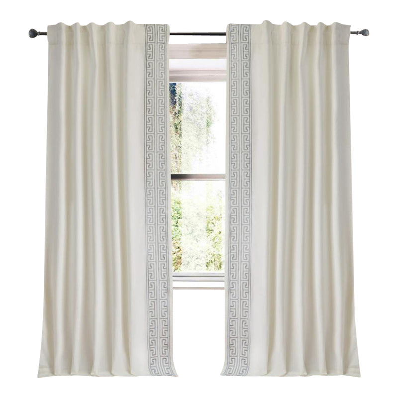 ivory linen blend curtain panels ivory and grey embroidered trim