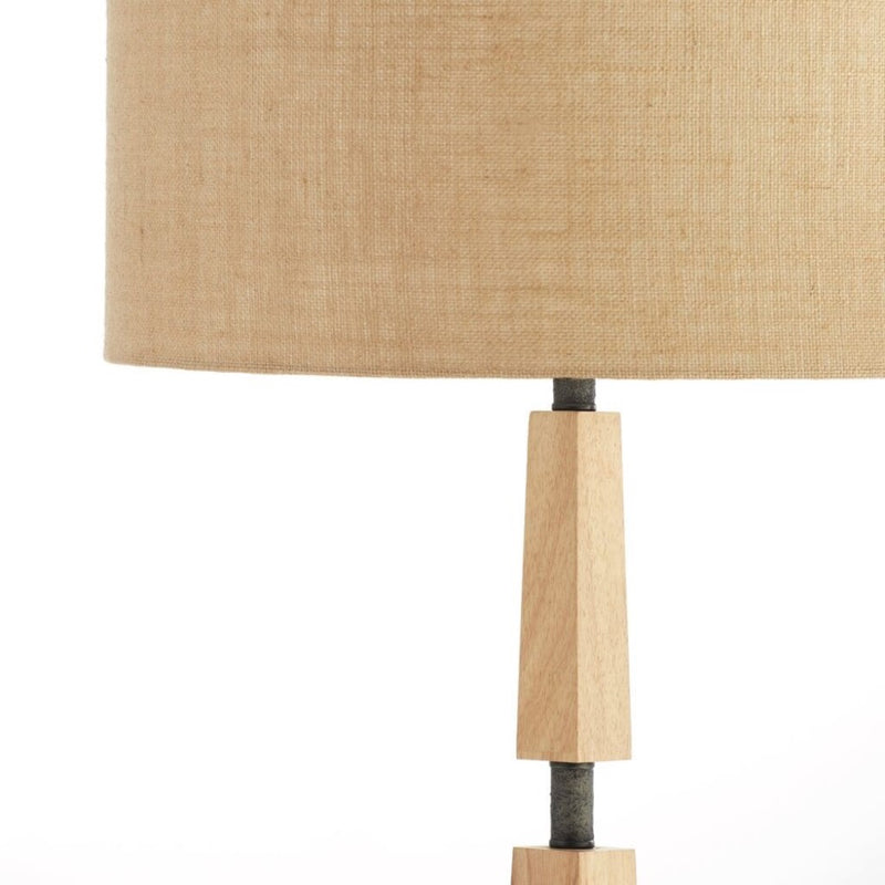 floor lamp spaced light wood block black iron natural linen shade