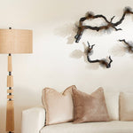 floor lamp spaced light wood block black iron natural linen shade