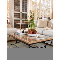 coffee table rustic black finish steel base woven cane glass top