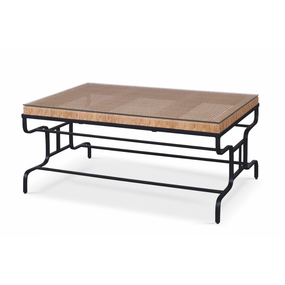coffee table rustic black finish steel base woven cane glass top