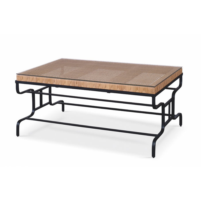 coffee table rustic black finish steel base woven cane glass top