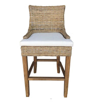 barstool natural rattan woven curved back white seat cushion wood legs Padma's Plantation