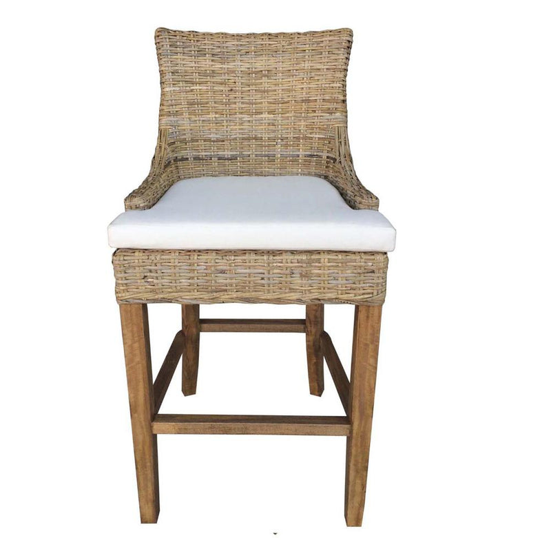 barstool natural rattan woven curved back white seat cushion wood legs Padma's Plantation
