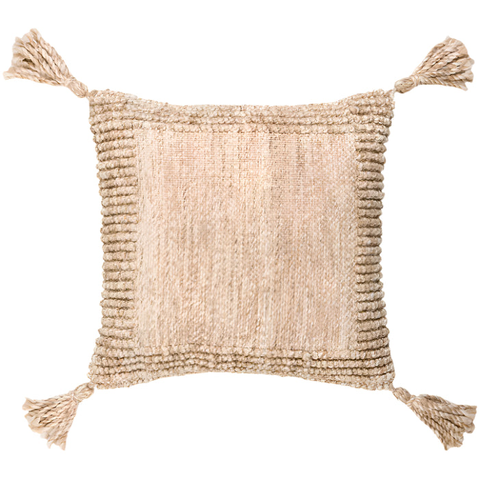 square tan textured outdoor pillow tassels