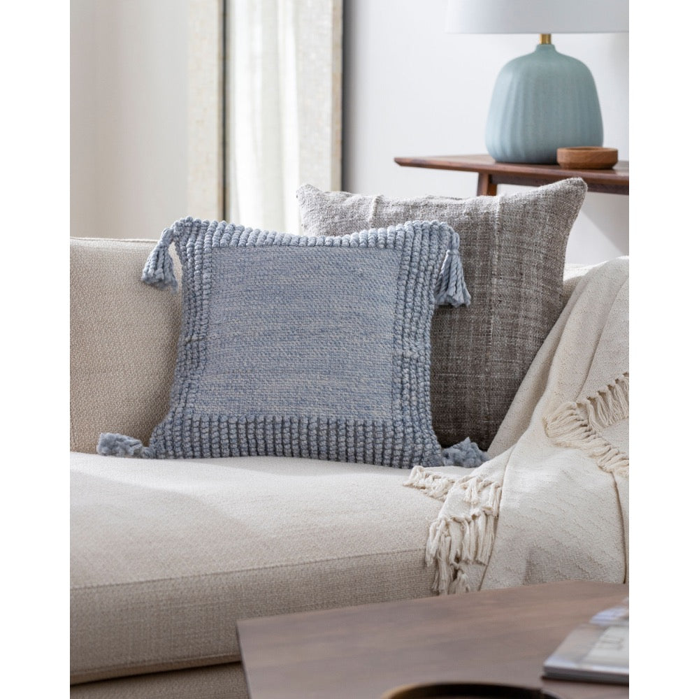 square light blue textured outdoor pillow tassels