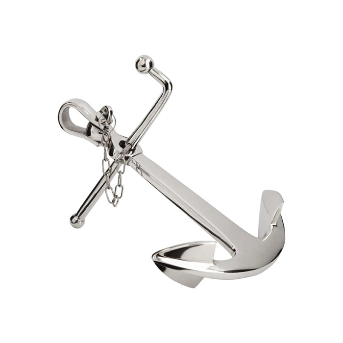 The Cyan Design Anchor Aweigh Sculpture features a polished nickel anchor with a draped chain, ideal for nautical decor.