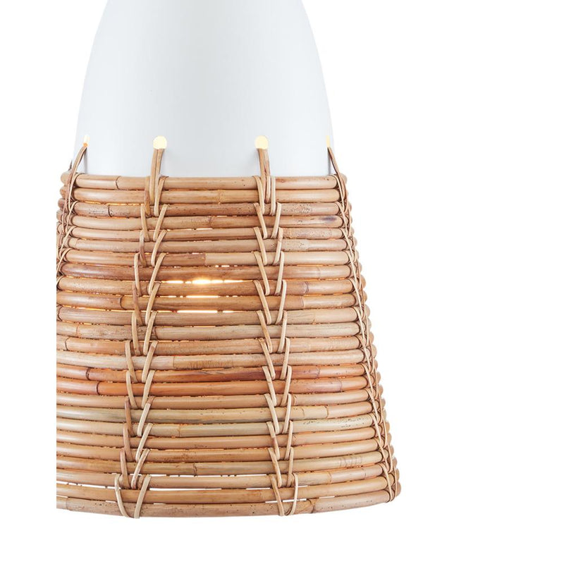 gumdrop-shaped pendant light white top rattan bottom