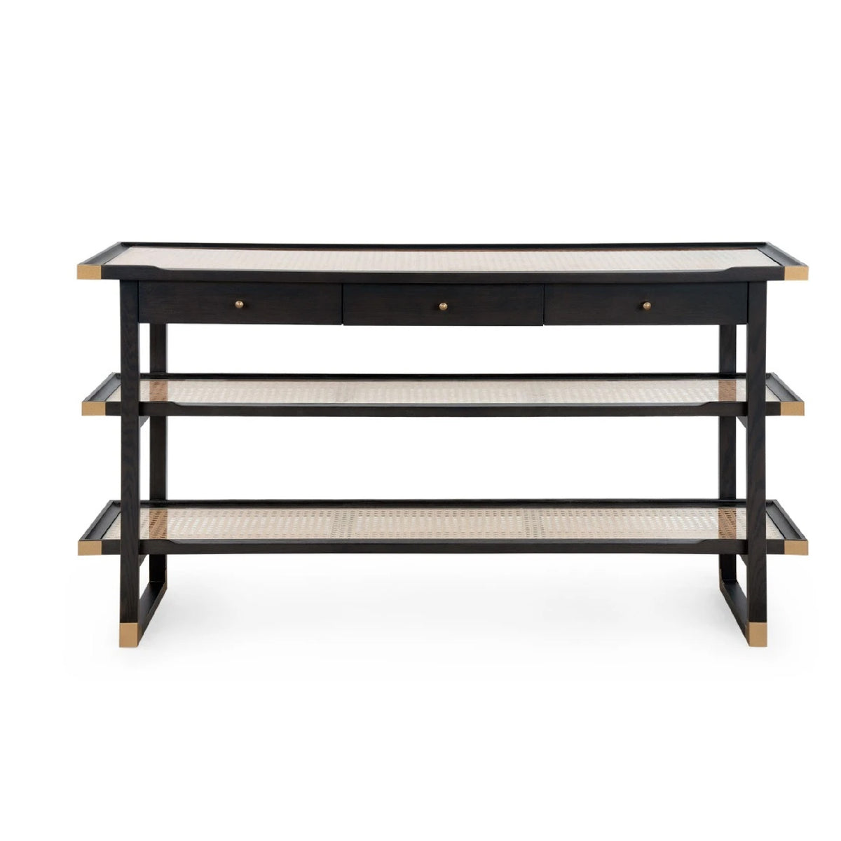 A modern three-tier console table featuring a black frame, light beige woven cane shelves, and a light beige top surface with three small drawers at the top.