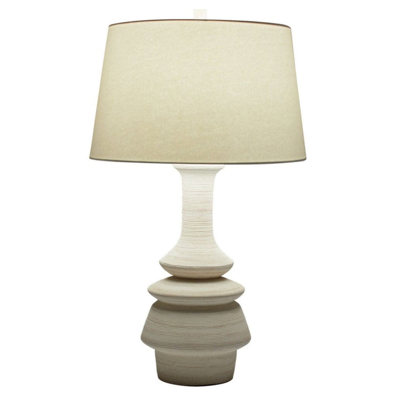 off-white striated ceramic table lamp turned silhouette white linen shade