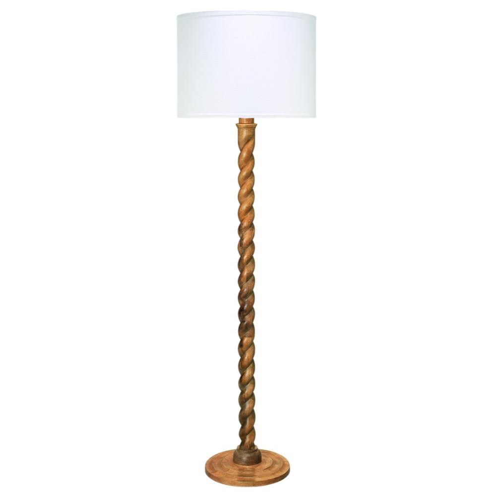 A floor lamp with a white drum shade, a twisted wooden base, and a round wooden footrest, shown against a plain white background.