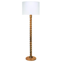 A floor lamp with a white drum shade, a twisted wooden base, and a round wooden footrest, shown against a plain white background.