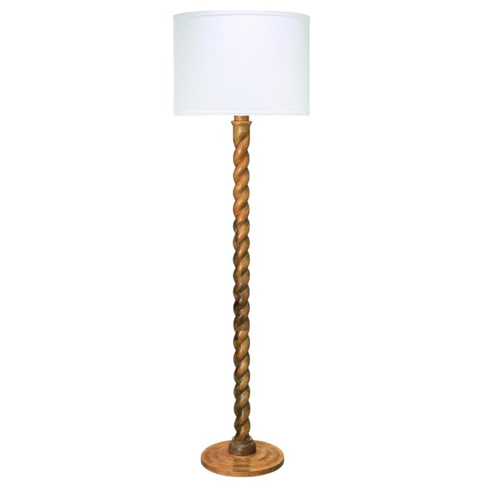 A floor lamp with a white drum shade, a twisted wooden base, and a round wooden footrest, shown against a plain white background.
