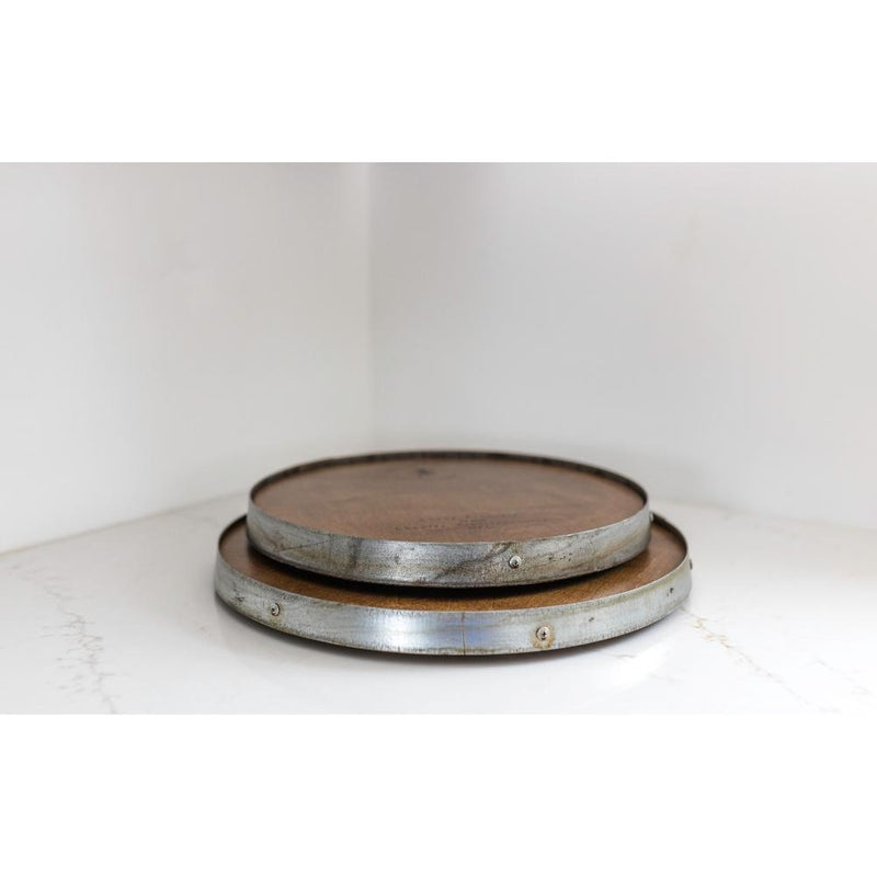 rustic barrel head lazy susan small script text