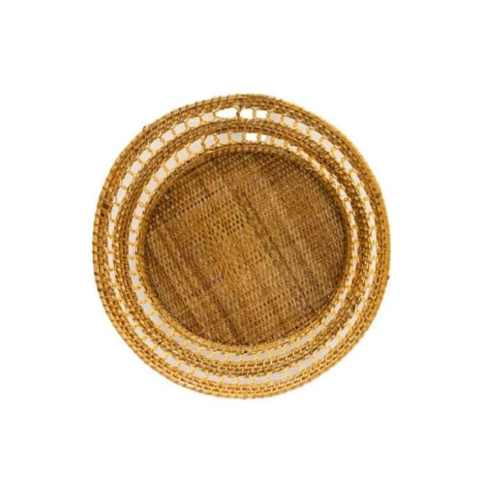 Small Round Woven Rattan Basket by Varnish Collection, shown overhead on a white background.