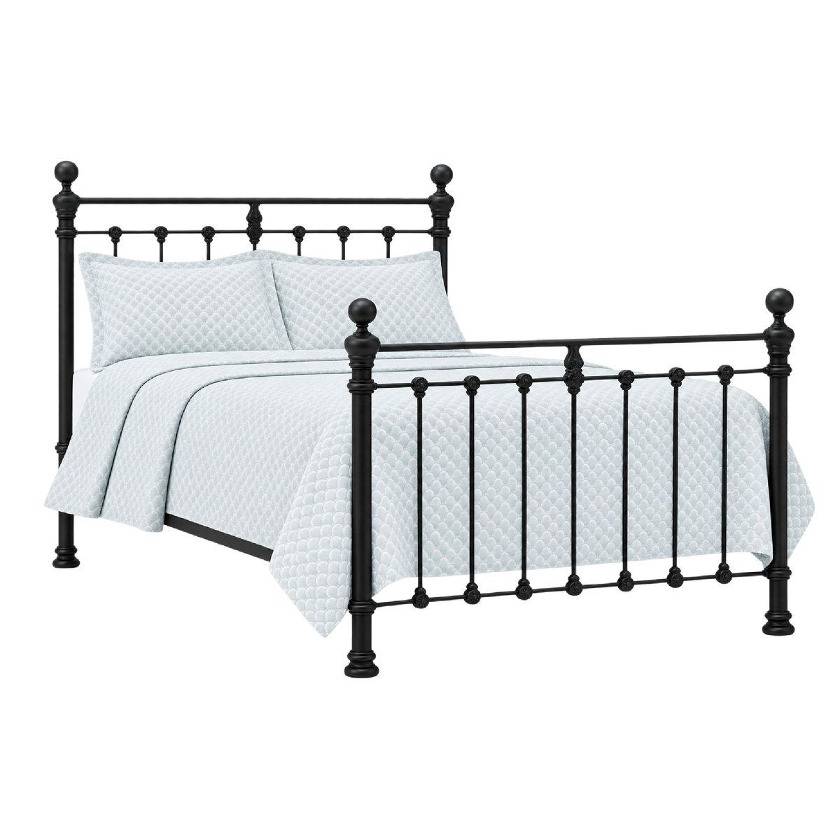 The Orchids Lux Home Castile Black Metal Queen Bed with wooden slats, white bedding, and pillows on white background.