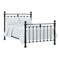 The Orchids Lux Home Castile Black Metal Queen Bed with wooden slats, white bedding, and pillows on white background.