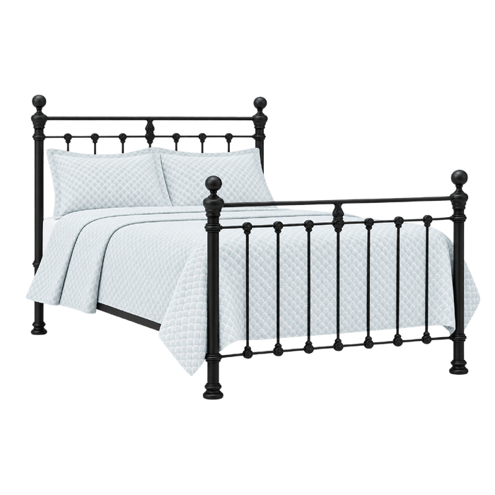 The Orchids Lux Home Castile Black Metal Queen Bed with wooden slats, white bedding, and pillows on white background.