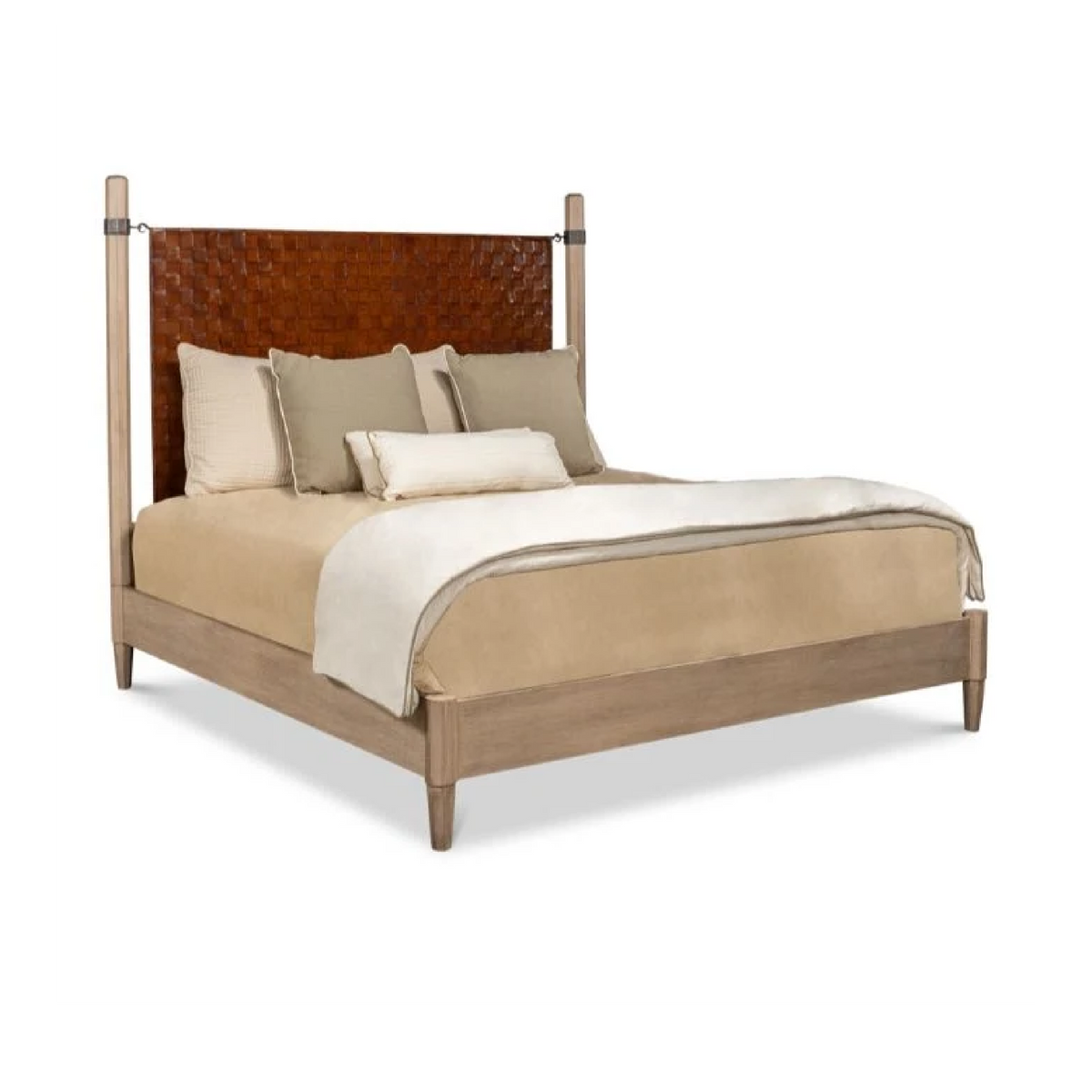 Sarreid, Ltd. Vineyards King Bed with woven leather headboard, beige bedding, and tan pillows on white background.