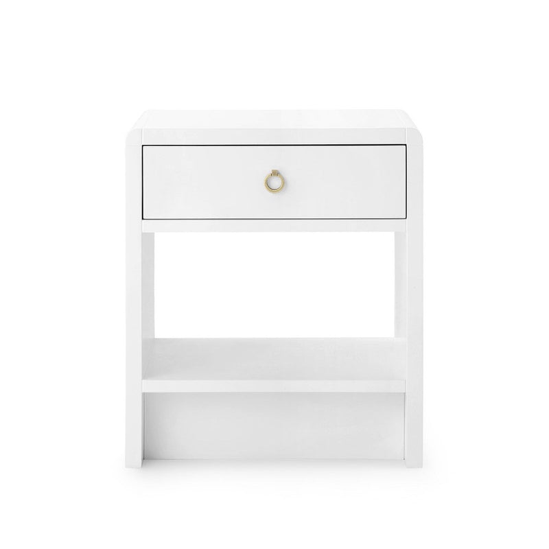 lacquered white pearl one drawer side table brass pull