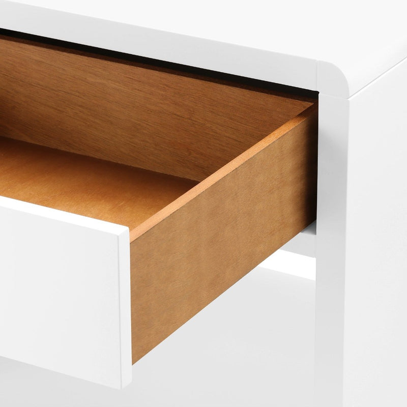 lacquered white pearl one drawer side table brass pull