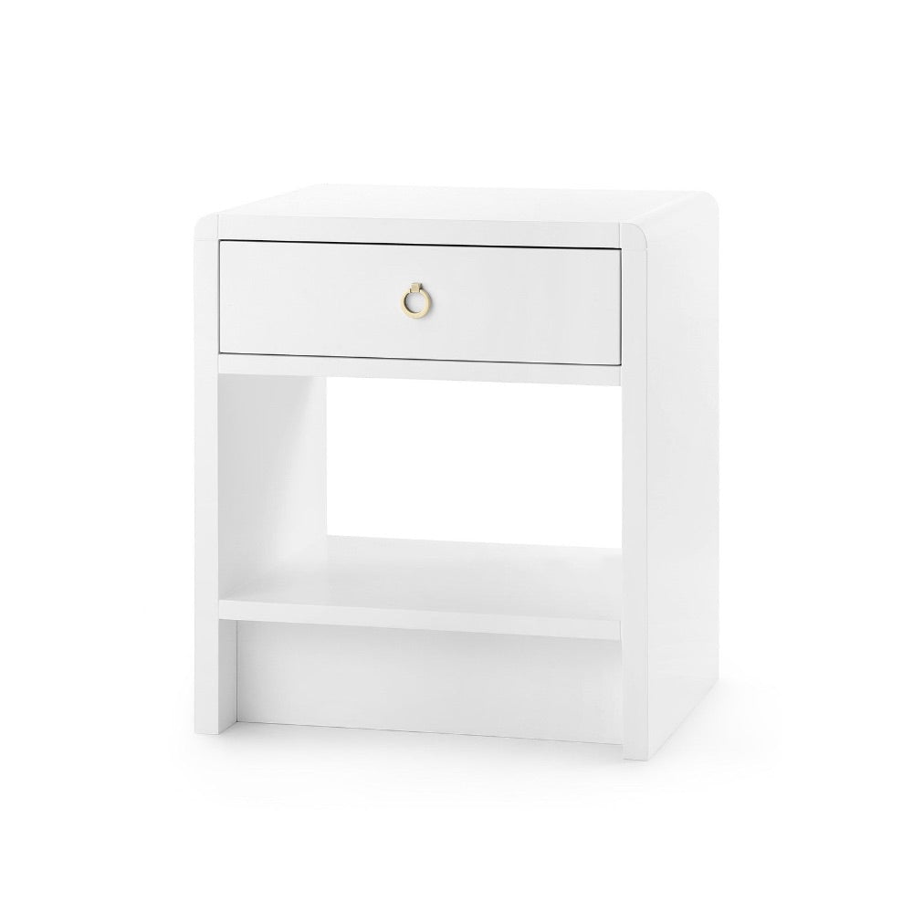 lacquered white pearl one drawer side table brass pull
