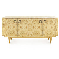 A mid-century modern sideboard featuring a light natural wood top and legs, with four cabinet doors covered in an ornate, symmetrical burl wood pattern. It has four black metal handles and stands on tapered legs against a plain white background.