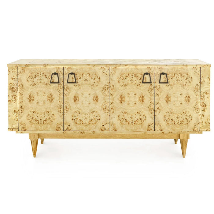 A mid-century modern sideboard featuring a light natural wood top and legs, with four cabinet doors covered in an ornate, symmetrical burl wood pattern. It has four black metal handles and stands on tapered legs against a plain white background.