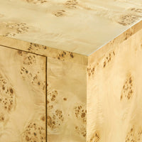 Close-up of a burl wood cabinet corner showing the rich grain pattern and polished finish.