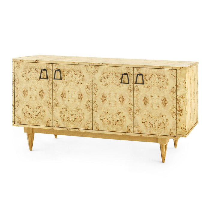 A mid-century modern sideboard cabinet featuring a light natural burl wood veneer pattern on the doors and drawers, with four tapered legs and black geometric pulls, shown against a plain white background.