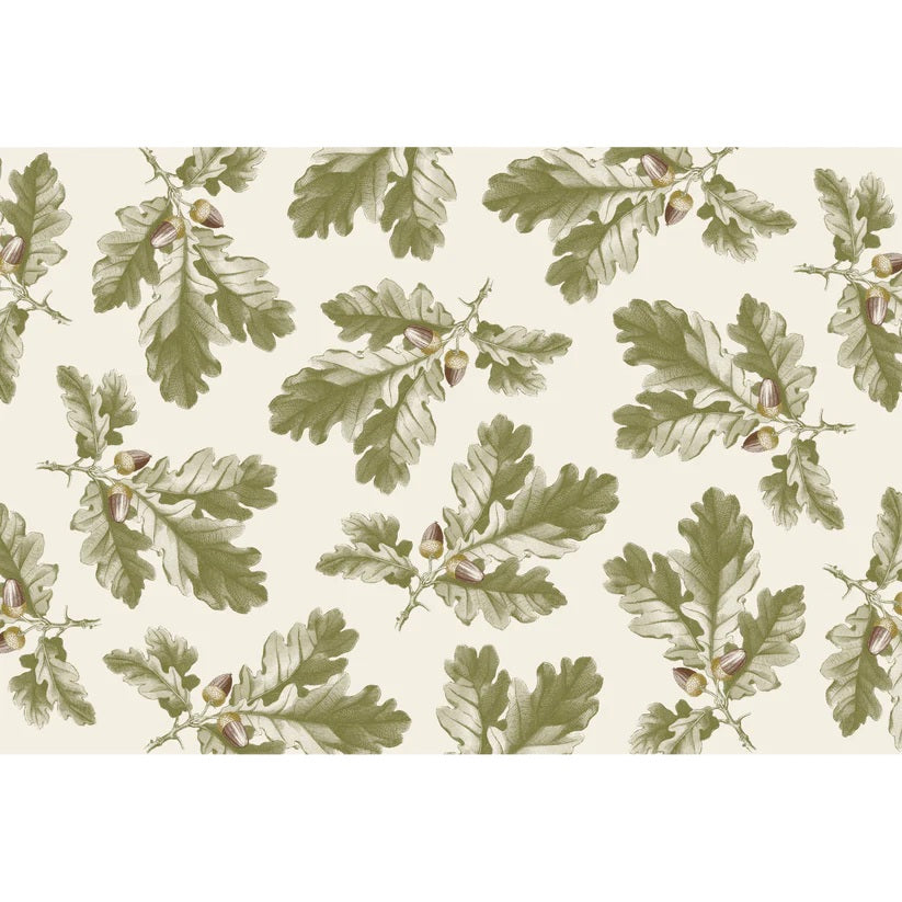 The BSEID Oak Leaf + Acorn Paper Placemat Pad features green oak leaves and brown acorns—ideal for autumn tables.