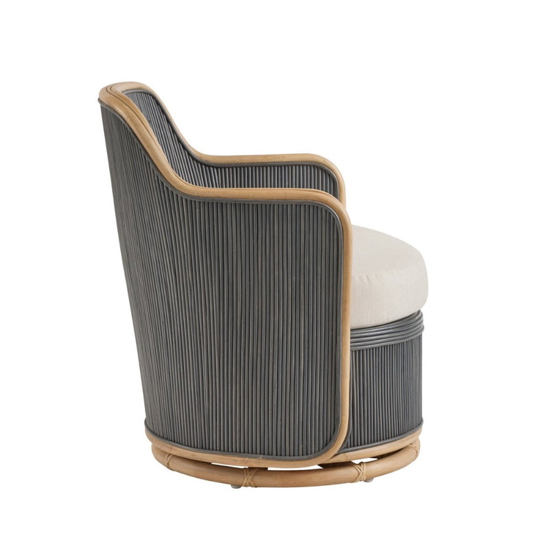 dark gray pencil rattan natural border swivel chair white cushion