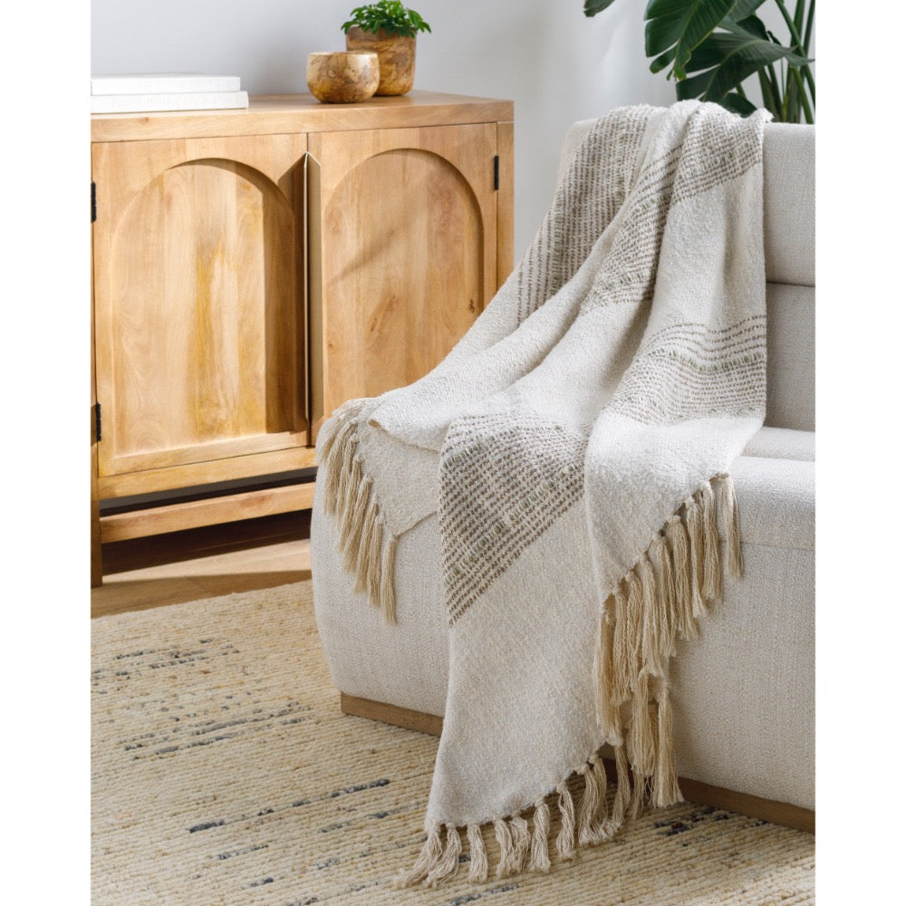 woven beige gray throw blanket fringe
