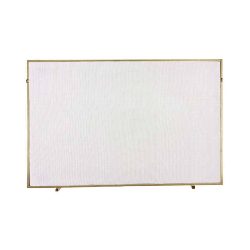 An antique brass fireplace screen by Arteriors with a straightforward, thin frame in a vintage style.